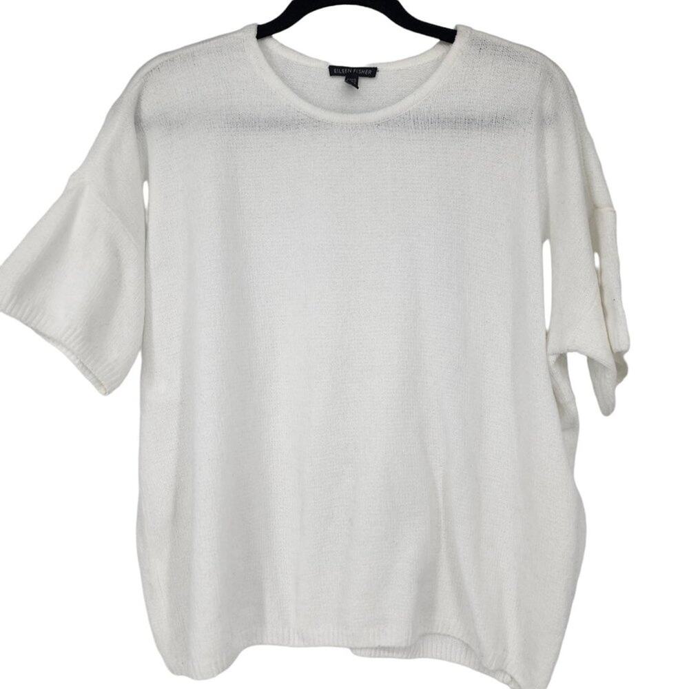 Eileen Fisher System White Short Sleeve Organic Cotton Sweater Shirt Size Large